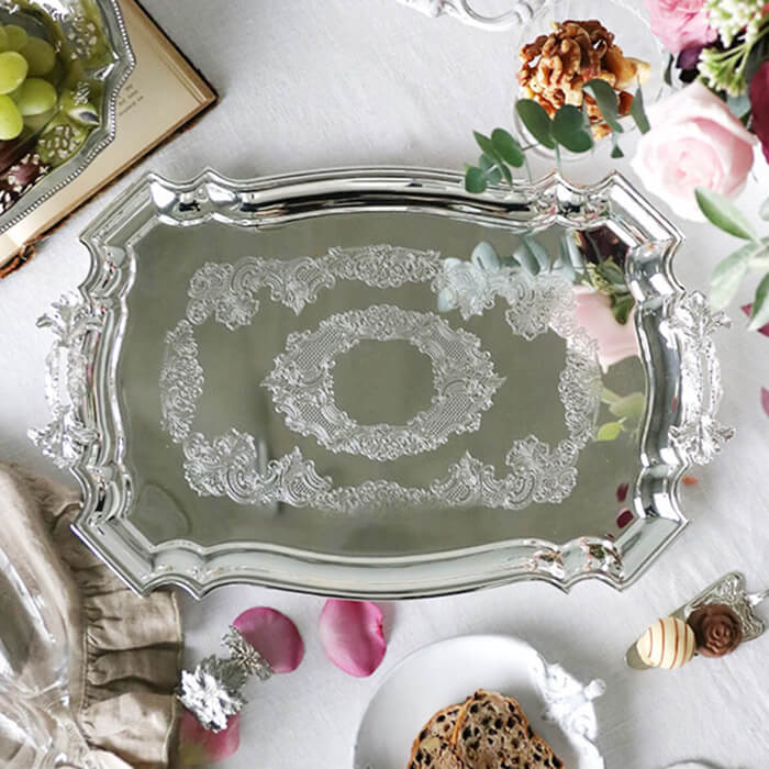 楽天市場】シルバー トレー ハンドル付き Royal Family // 長方形 持ち