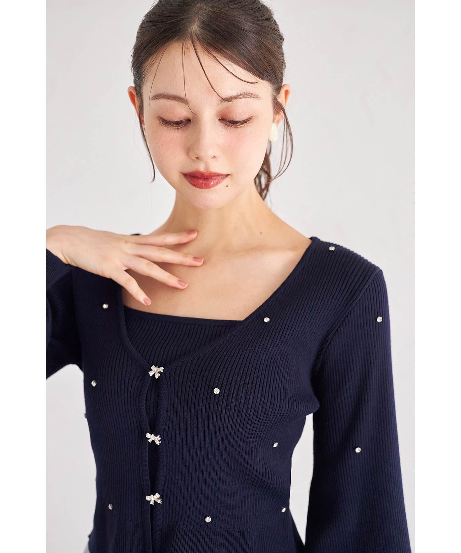 楽天市場】ビジュー×リボン釦付きリブニットカーディガン×リブニット