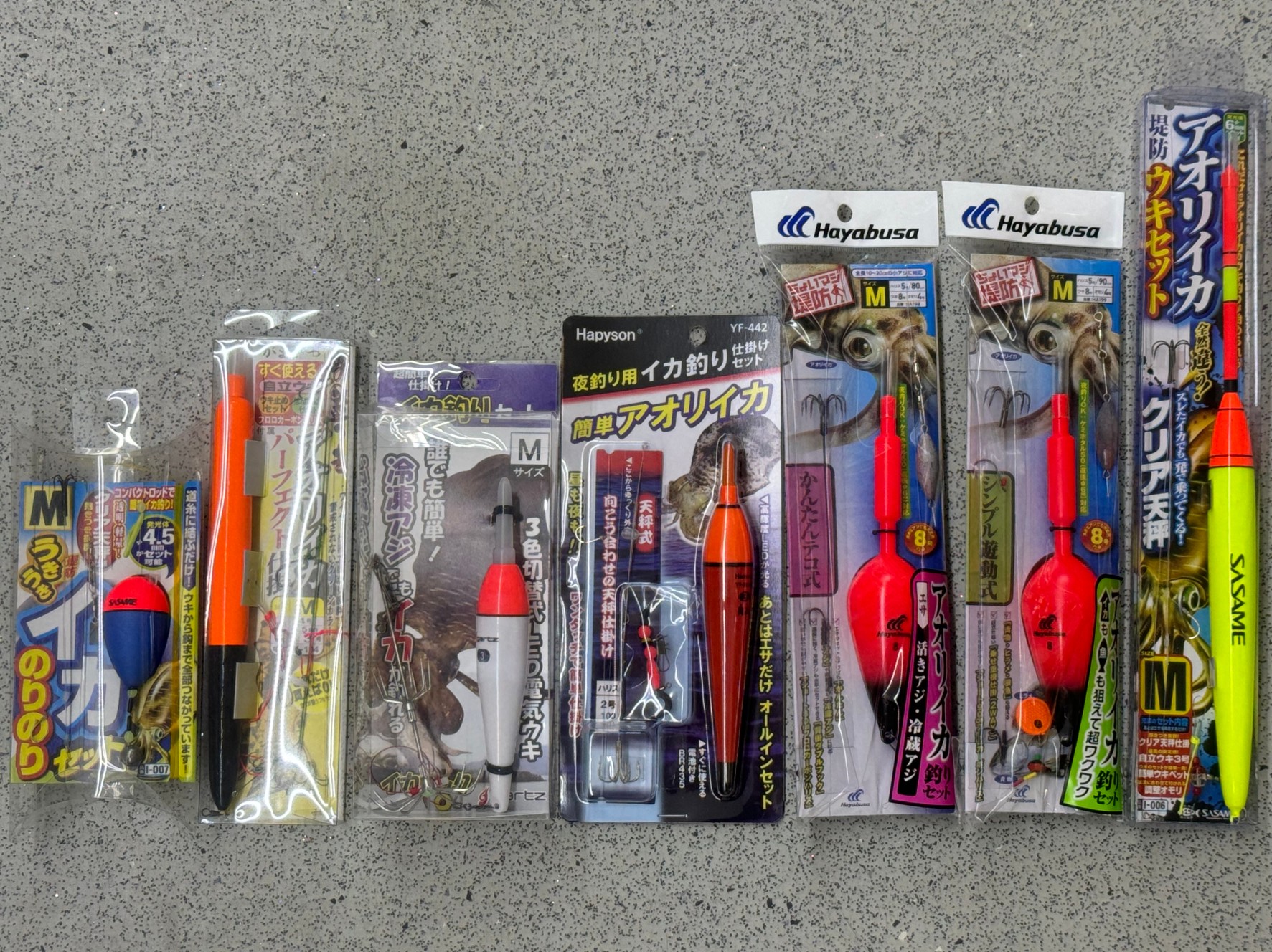 アオリイカ泳がせ仕掛けは、ウキ付きセットだけでも7種あります。活