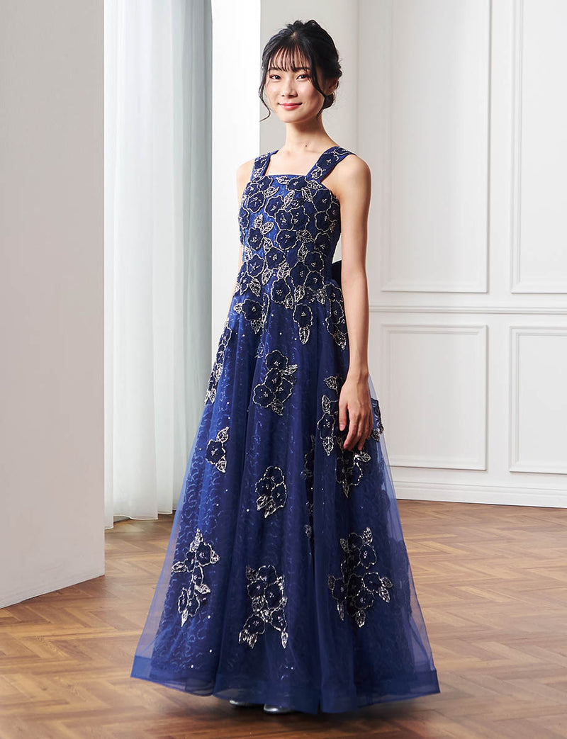 小中学校正 コンクールドレス・発表会ドレスにお薦め 花柄レースブルー