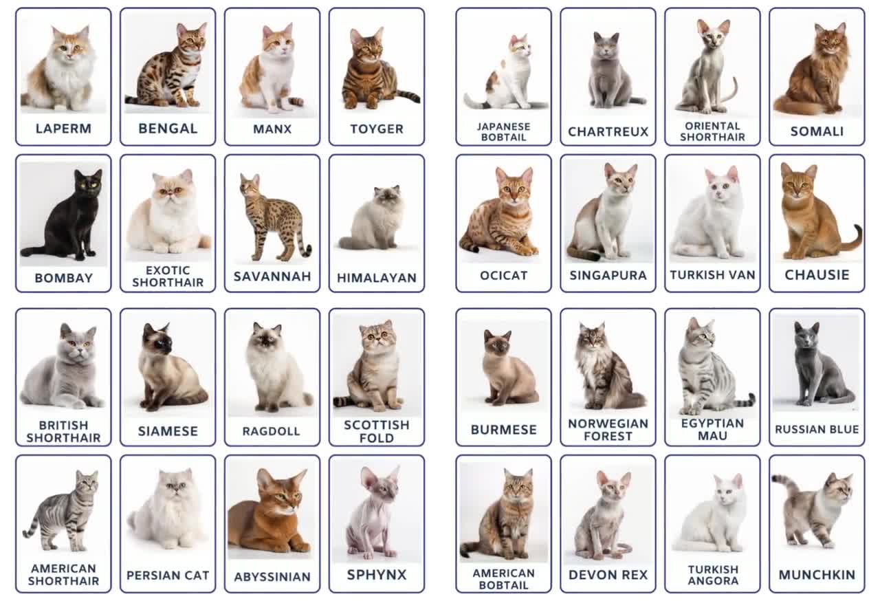 32 Cats Breed Flashcards, Kids Printable, Nomenclature Cards