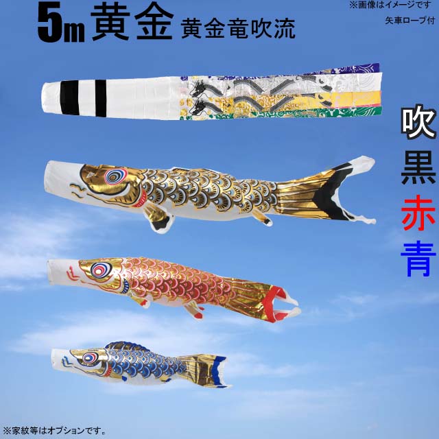 フジサワ鯉のぼり ゴールデン鯉5m （吹き流し、黒、赤、青） フジサワ