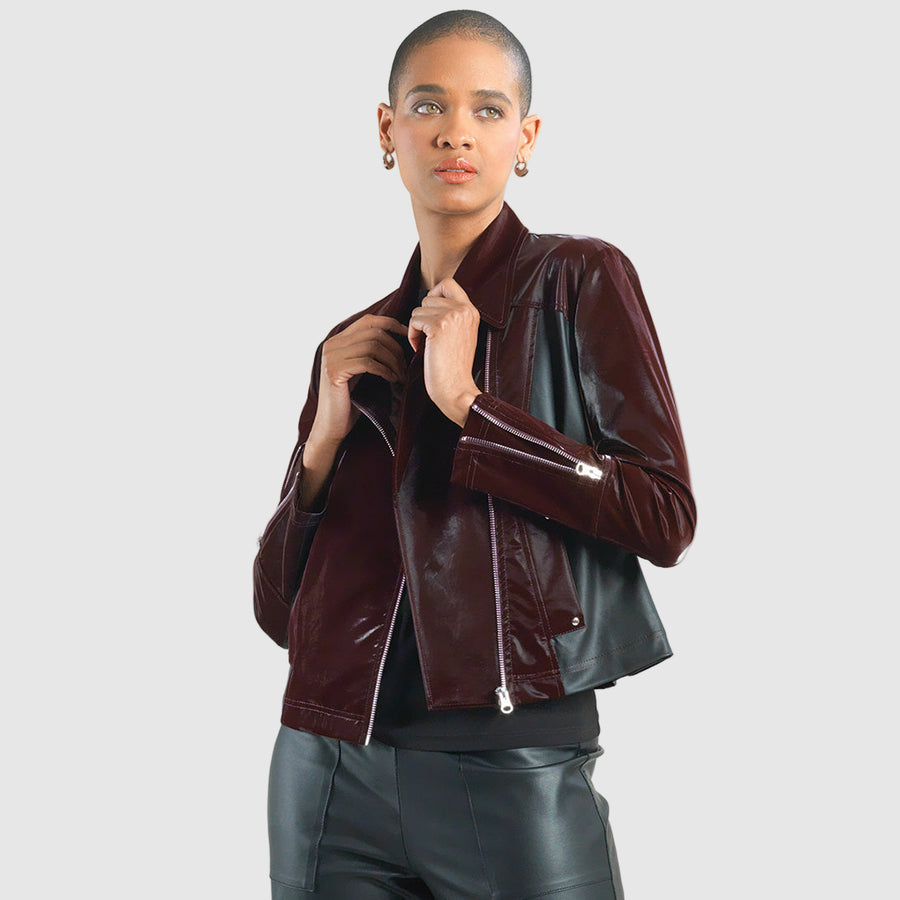 Vinyl + Liquid Leather™ Panel Zip Cuff Pocket Jacket - Mulberry