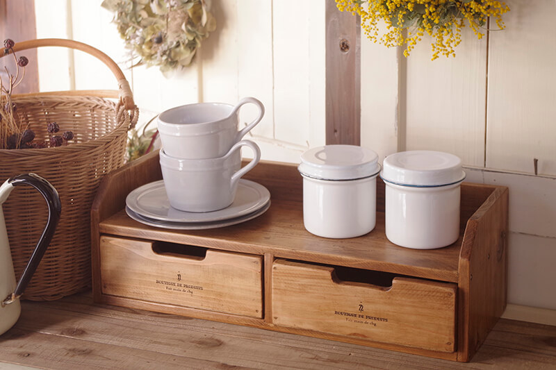 ヴィンテージ風木製ドロワーラック｜見せる収納棚＊インテリア雑貨