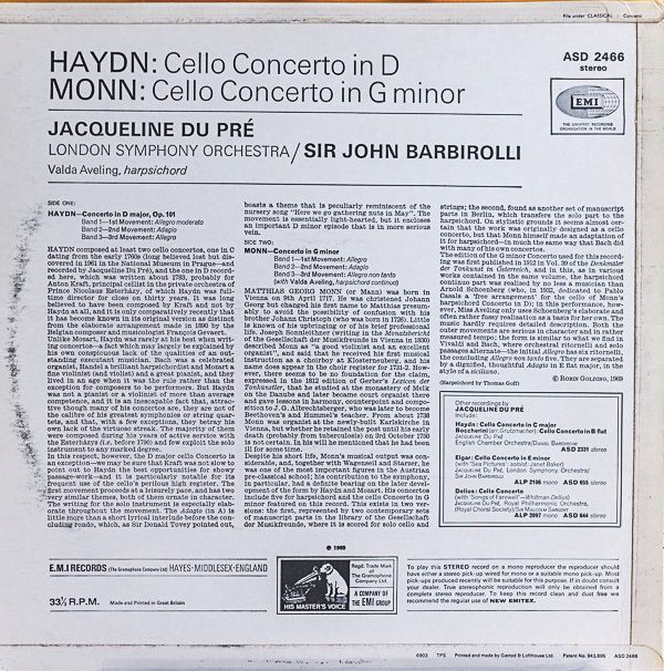 ジャクリーヌ・デュ・プレ（Vc）/ハイドン＆モン：チェロ協奏曲