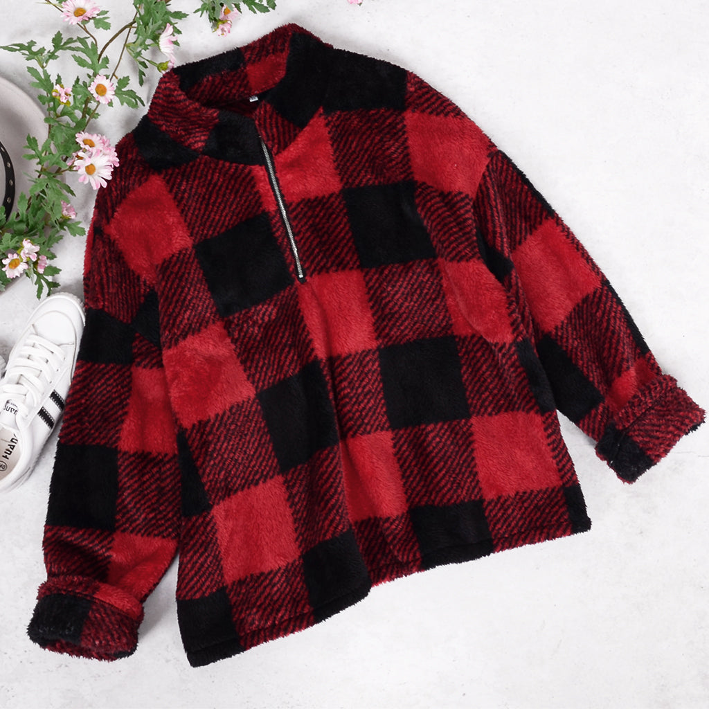 Buffalo Plaid Patterned Fluffy Fleece Quarter Zip Jacket for Women