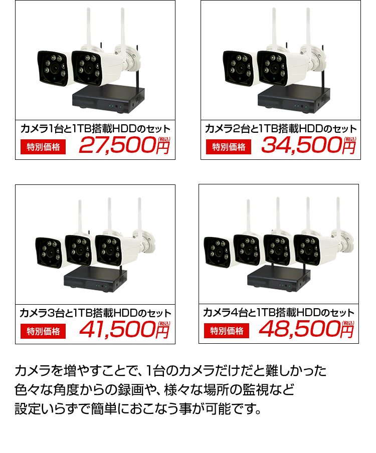 防犯カメラセット カメラ1～4台セット ワイヤレス 130万画素 ALWSET-KG130