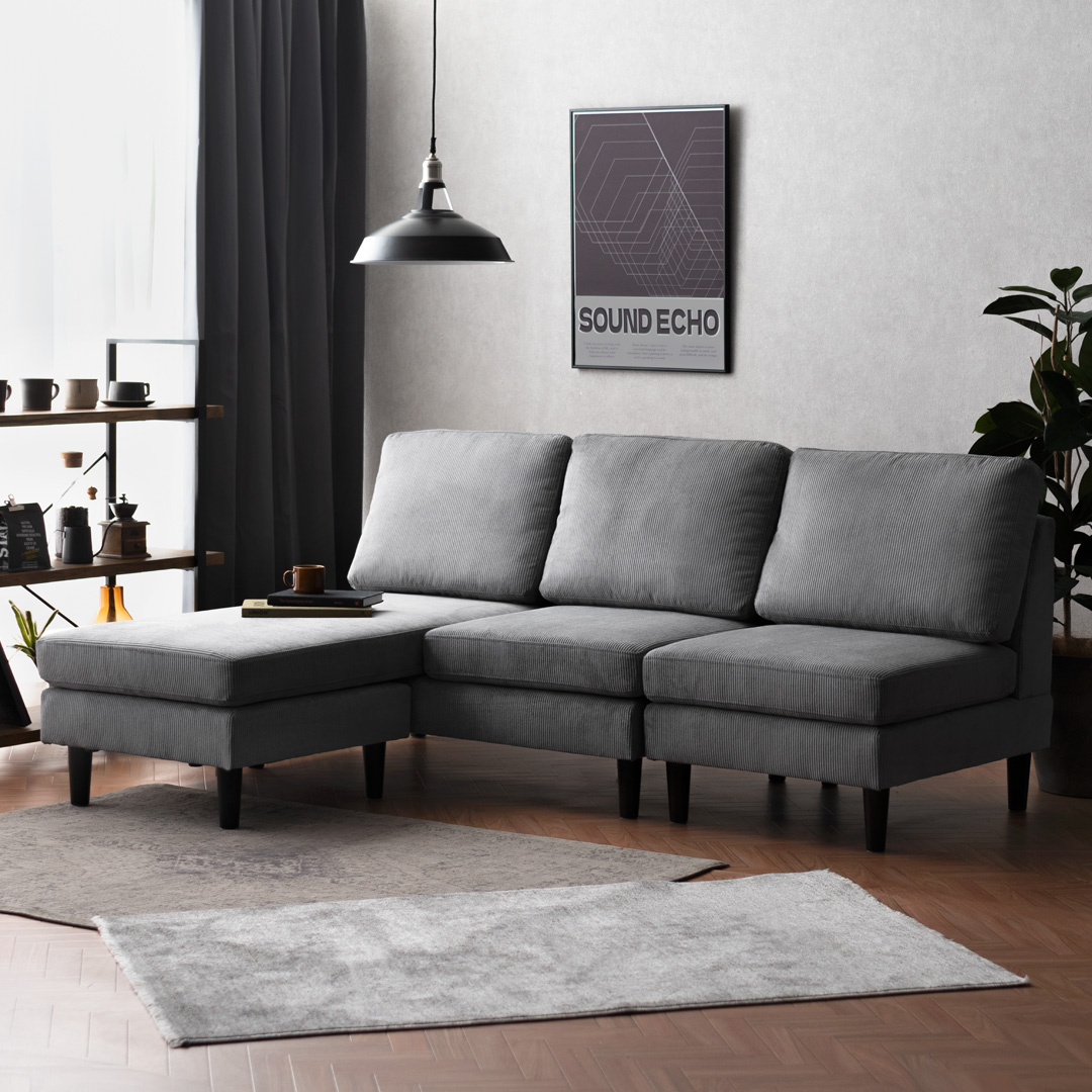 3人掛けアームレスカウチソファ レイアウト自由 ポケットコイル THEO