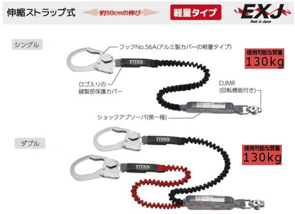 フルハーネス用ランヤード（伸縮ｽﾄﾗｯﾌﾟ式）EXJ | あしばバンク