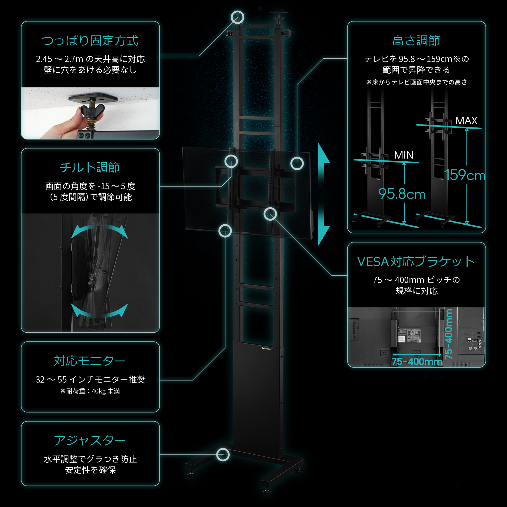 ツインポールテレビスタンド BHV-2400-BK | Bauhütte®