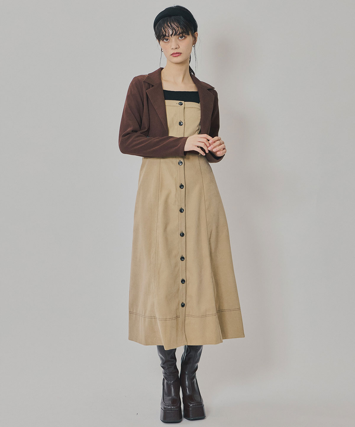 スエードライクショートジャケット×バイカラーワンピースセットアップ