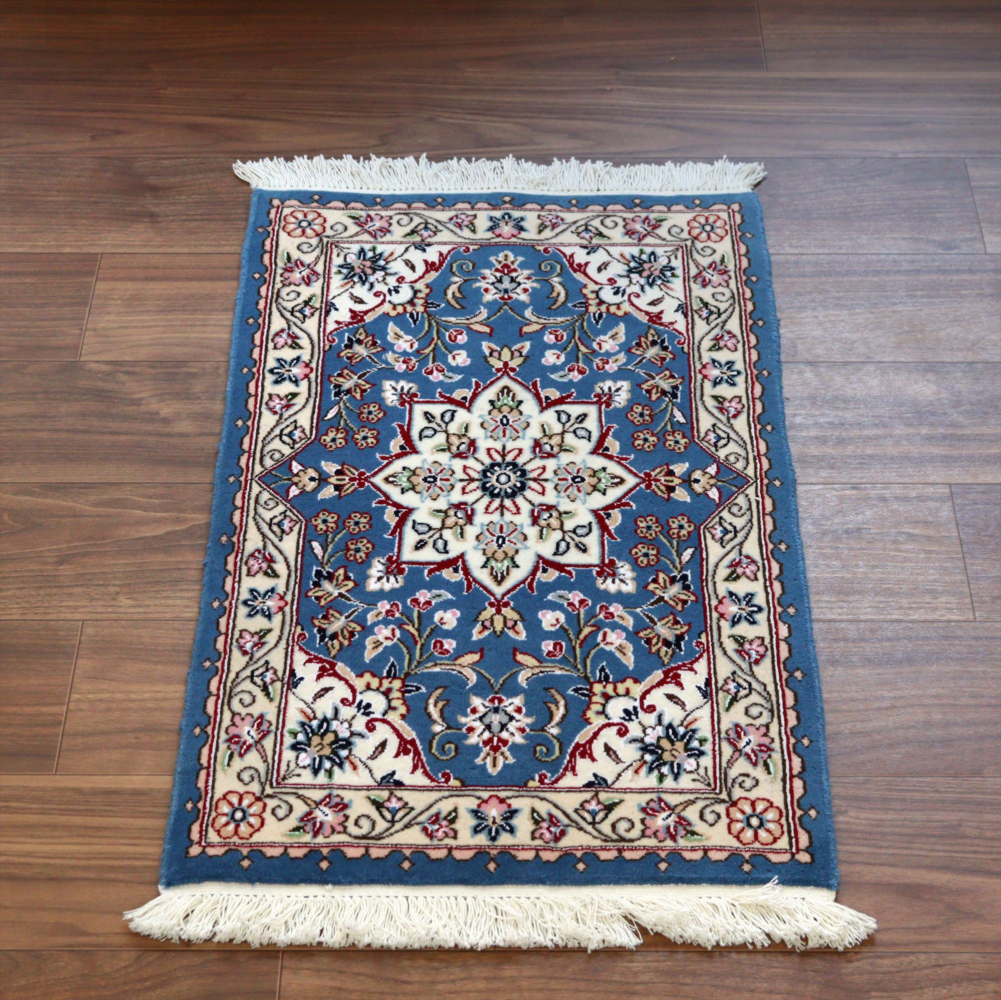 ペルシャ絨毯 ナイン産 9L 81×51cm ブルーのメダリオン 玄関マット