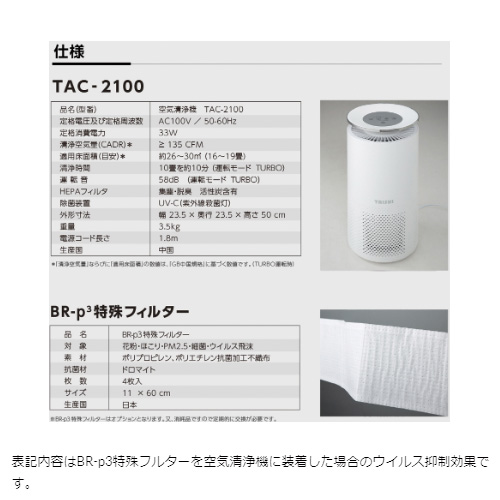 レビレース ウイルス浄化空気清浄機 TAC-2100(W) TAISHI 空気清浄器