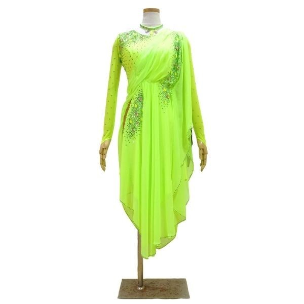 正装 ドレープラテンドレス Mサイズ ライムイエロー 正装 社交ダンス