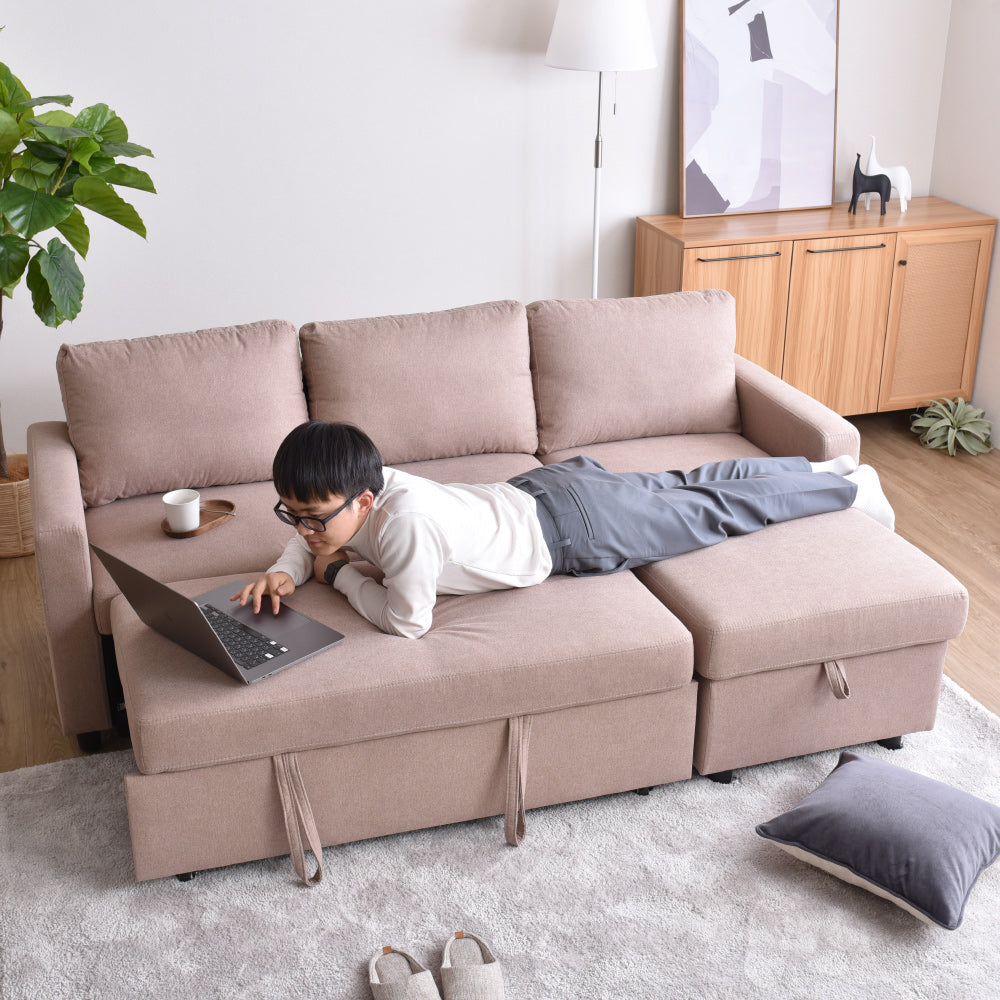 あす着] 幅206cm 2way 3人用 カウチソファ ソファベッド 収納付き 収納