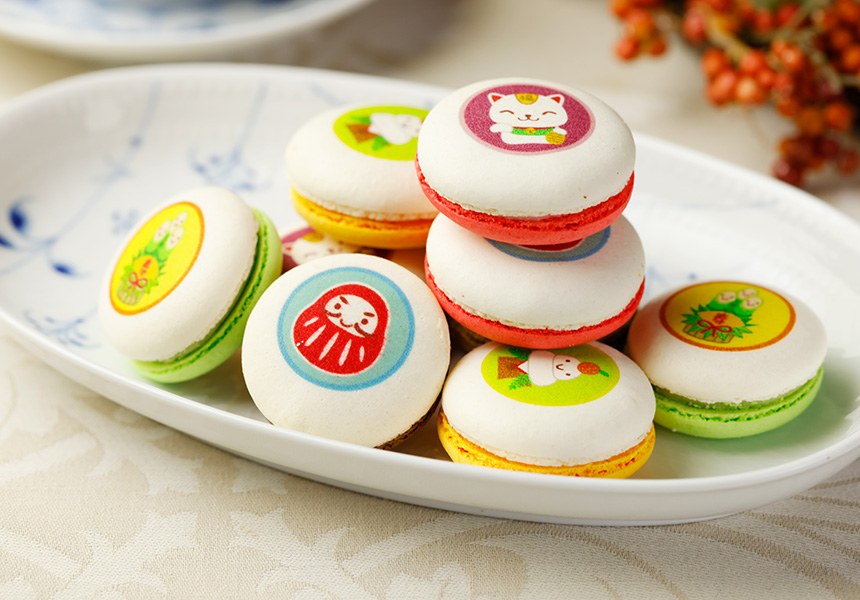 お正月 マカロン 3個入り 化粧箱 短納期｜ 名入れ・メッセージ入りお