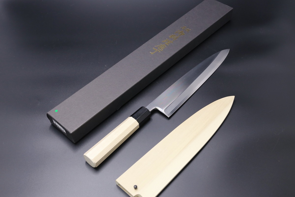 身卸 銀三 240mm 鍛造 霞仕上 平鏡面 鞘付き-歌舞伎ナイフ