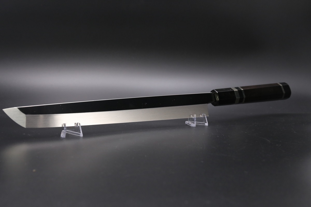 先丸蛸引 銀三本焼 300mm 平鏡面 黒檀柄 鞘付き【左利き用】-歌舞伎ナイフ