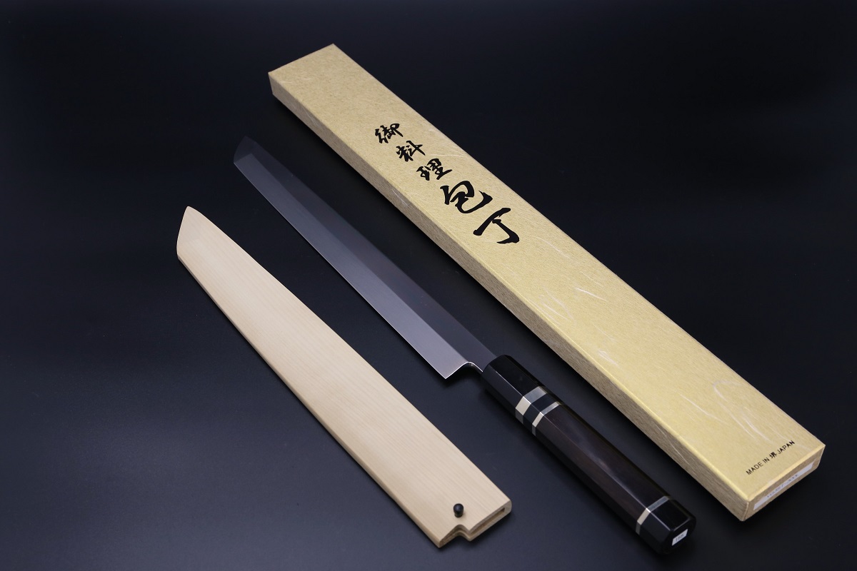 先丸蛸引 銀三本焼 300mm 平鏡面 黒檀柄 鞘付き【左利き用】-歌舞伎ナイフ