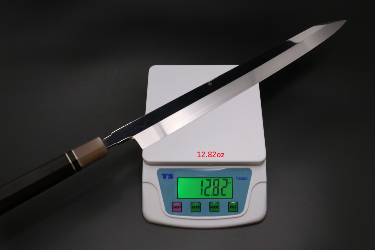 切付柳刃 白一鋼 水本焼 360mm 富士掛かり満月 両鏡面 八角黒檀柄 玄海