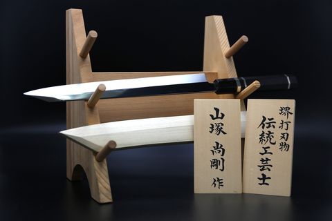 切付柳刃 銀三本焼 300mm 黒檀柄 鞘付き-歌舞伎ナイフ