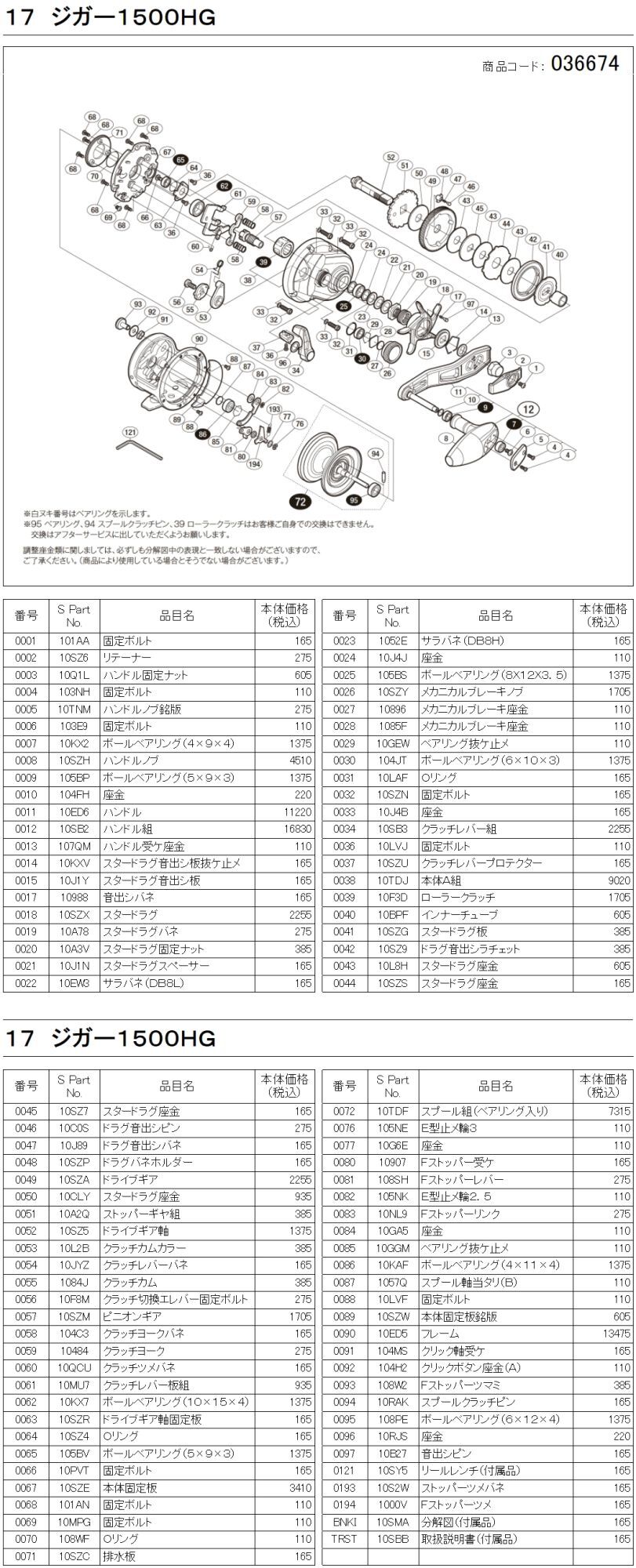シマノ純正お取り寄せパーツ：納期1ヶ月】17オシアジガー 1500HG 商品