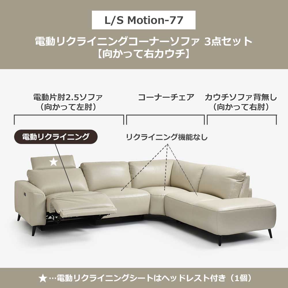 電動リクライニングコーナーソファ3点セット 向かって右カウチ「L/S