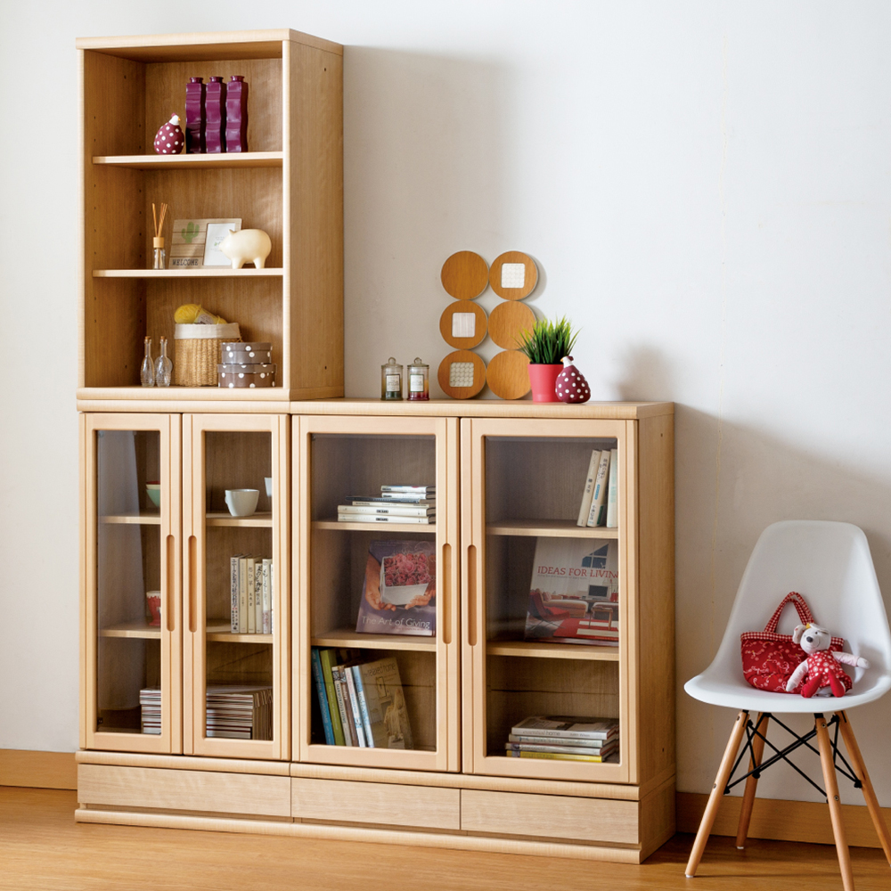 小島工芸 書棚「ニューオファー NOF-90 引戸」ガラス扉 幅90cm 全4色