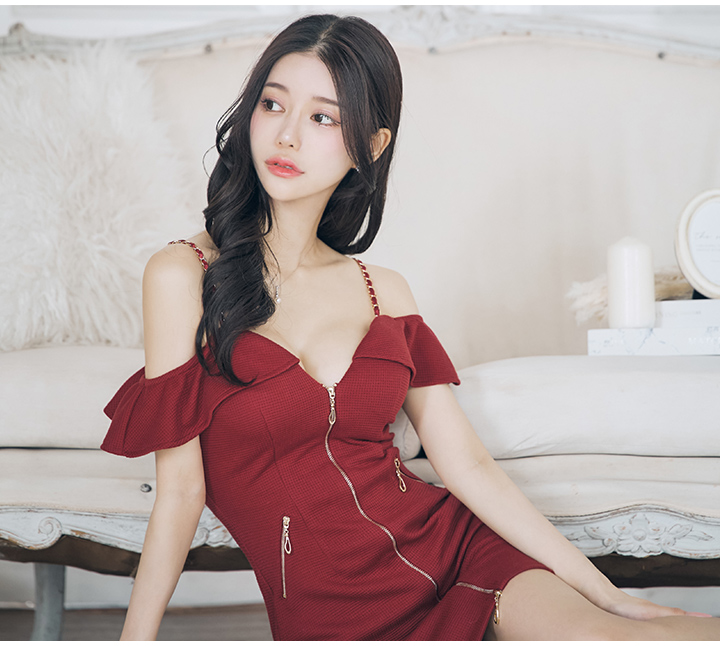 ワッフルジップアップドレス/フリル/オフショルダー/チェーン/キャミ