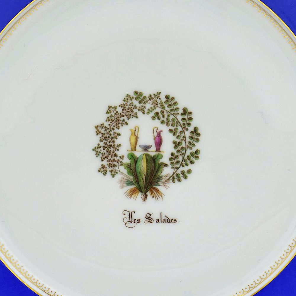 セーブル(Sevres) 絵皿 サービス ユニ サラダ図(24K金彩ブルー縁飾りNo