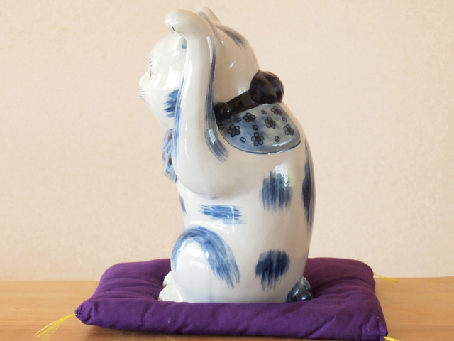 九谷焼 陶幸 マルヨネ】 10号招き猫 染付 右手・左手各 幅18×奥18×高