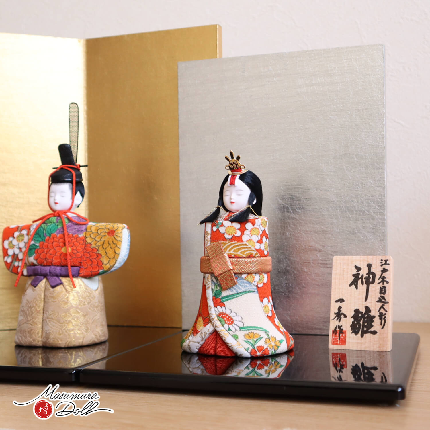 雛人形 新作 伝統工芸士 木村一秀作 立雛 神雛 正絹 友禅 L型屏風(金銀