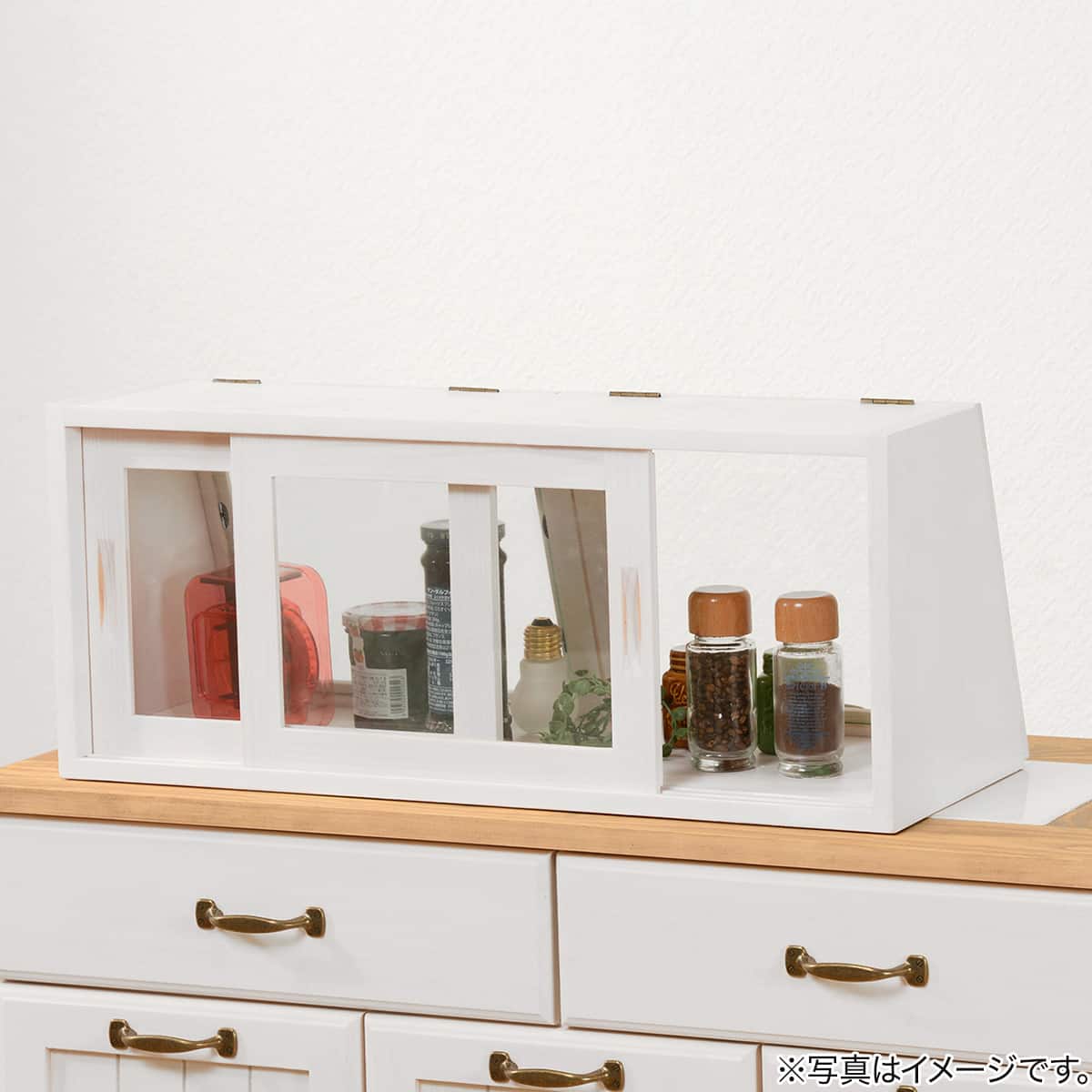 おしゃれなヴィンテージ風カウンター上収納ガラス扉〔幅60cm高さ25cm