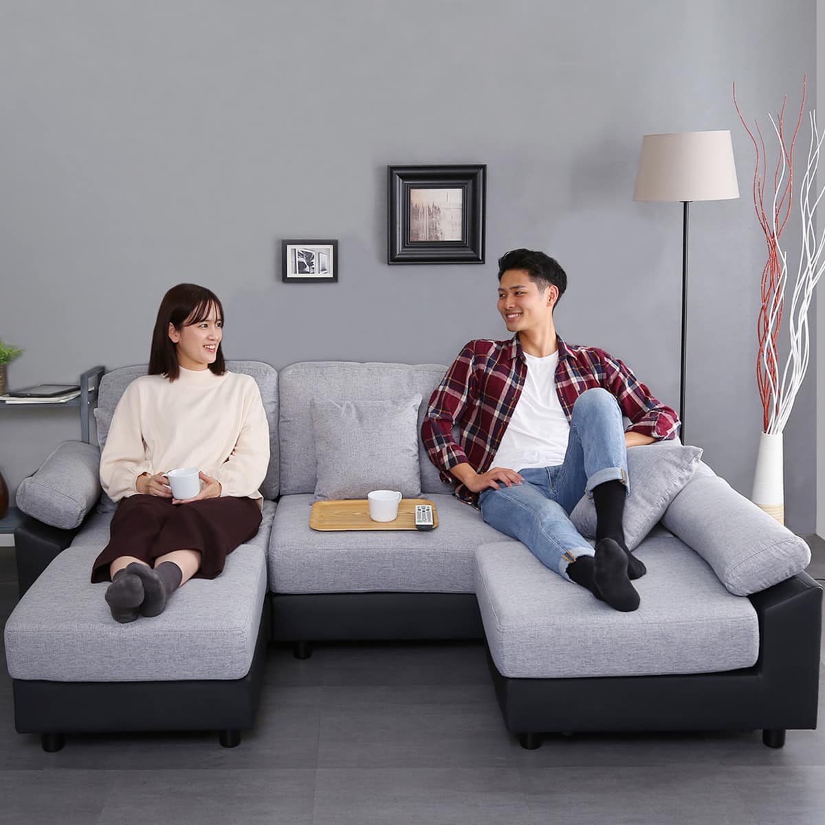 5人掛けコーナーカウチソファ PVC×布張りタイプ (GY/BK) | ニトリ