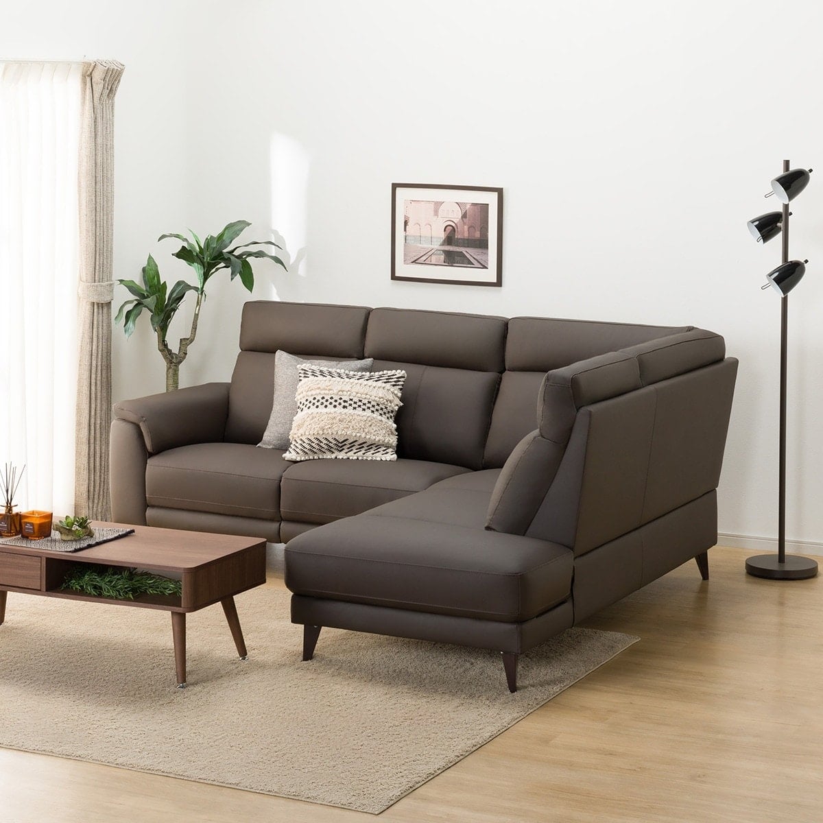 コーナーソファ 本革(一部合成皮革)タイプ(LB07 左コーナー DBR