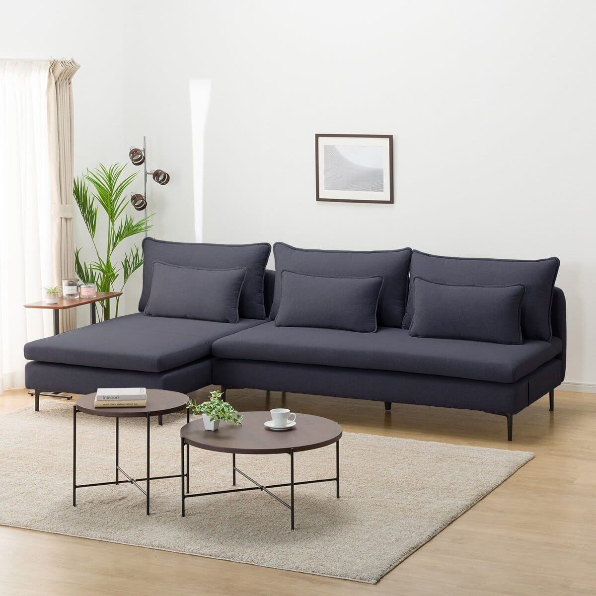 広い座面のゆったり 3人掛けソファ + シェーズセット 布張りタイプ