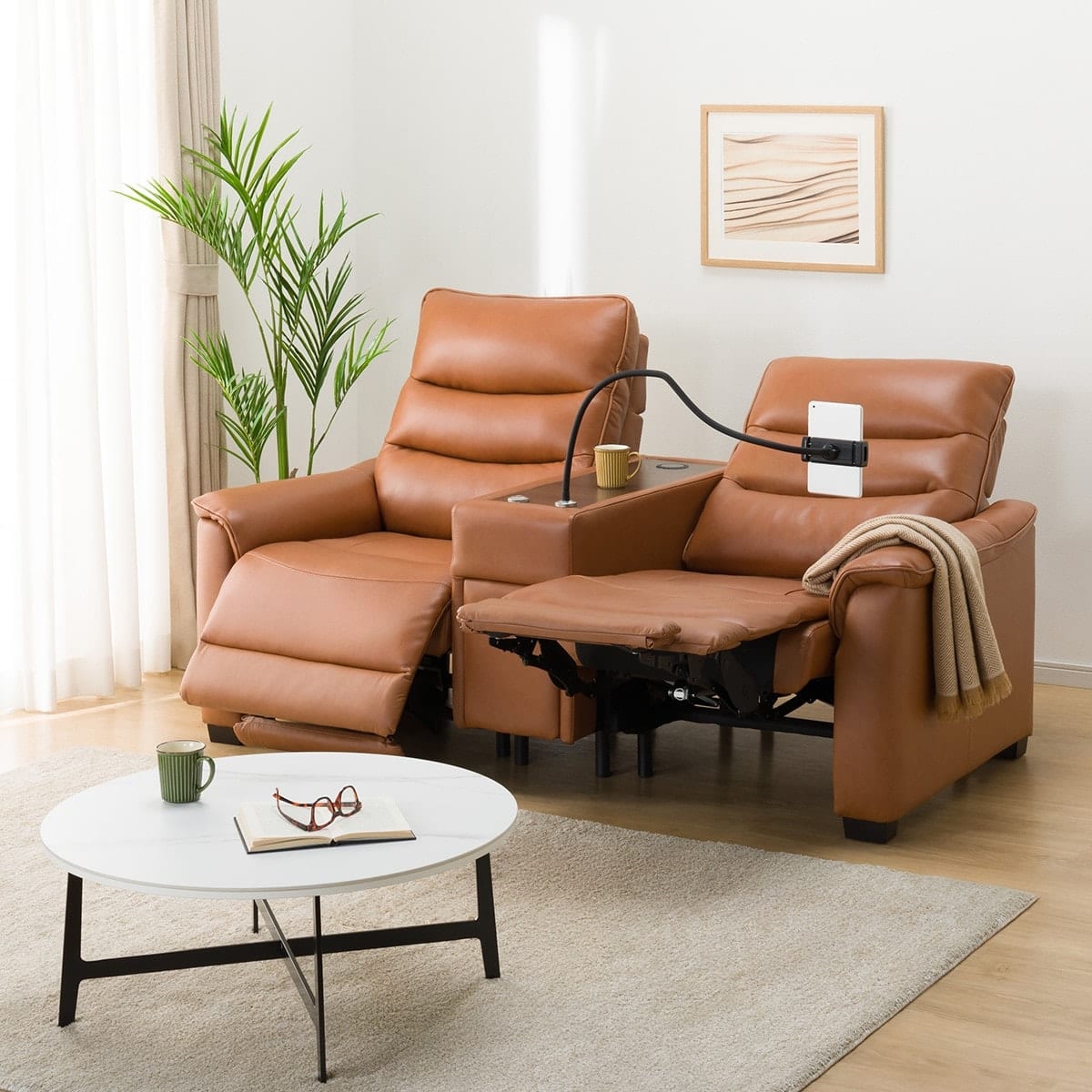 2人掛け電動リクライニングソファ テーブル付き 厚革(一部合成皮革