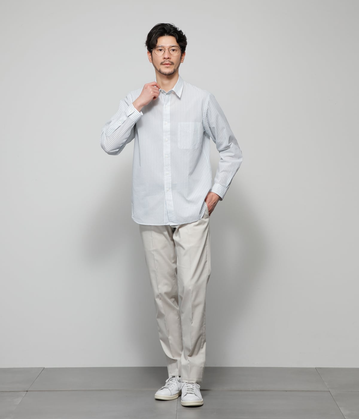 UCT】ライトグリーンストライプ 長袖ボックスシルエットシャツ