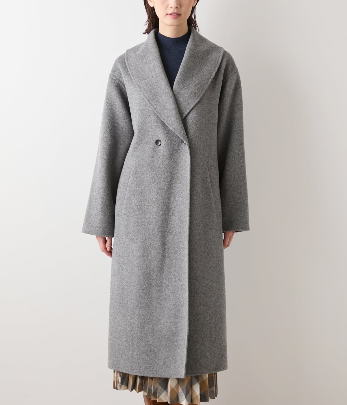 L】ウールナイロンリバー ショールカラーロングコート(54516170-2025