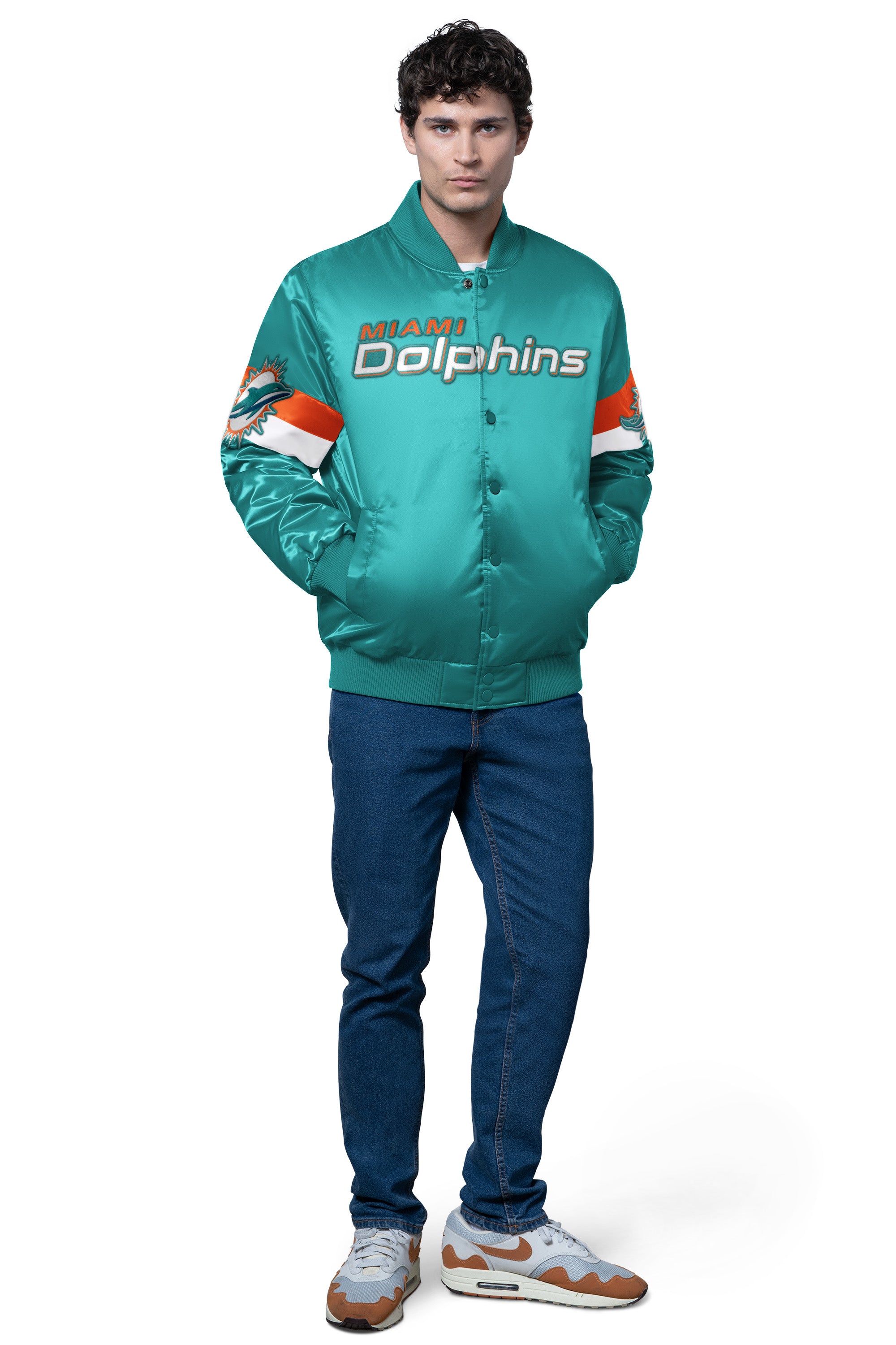 Mens Miami Dolphins Triple Option Satin Varsity Jacket | NFL | Starter