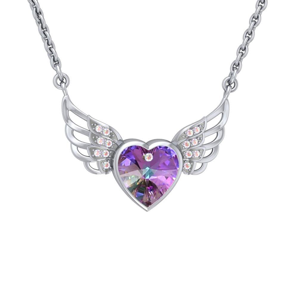 Crystal Heart with Angel Wings 18” Necklace with White Aurore Boreale