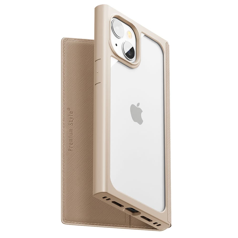 iPhone 15用 ガラスフリップケース スクエアデザイン [ベージュ]｜株式