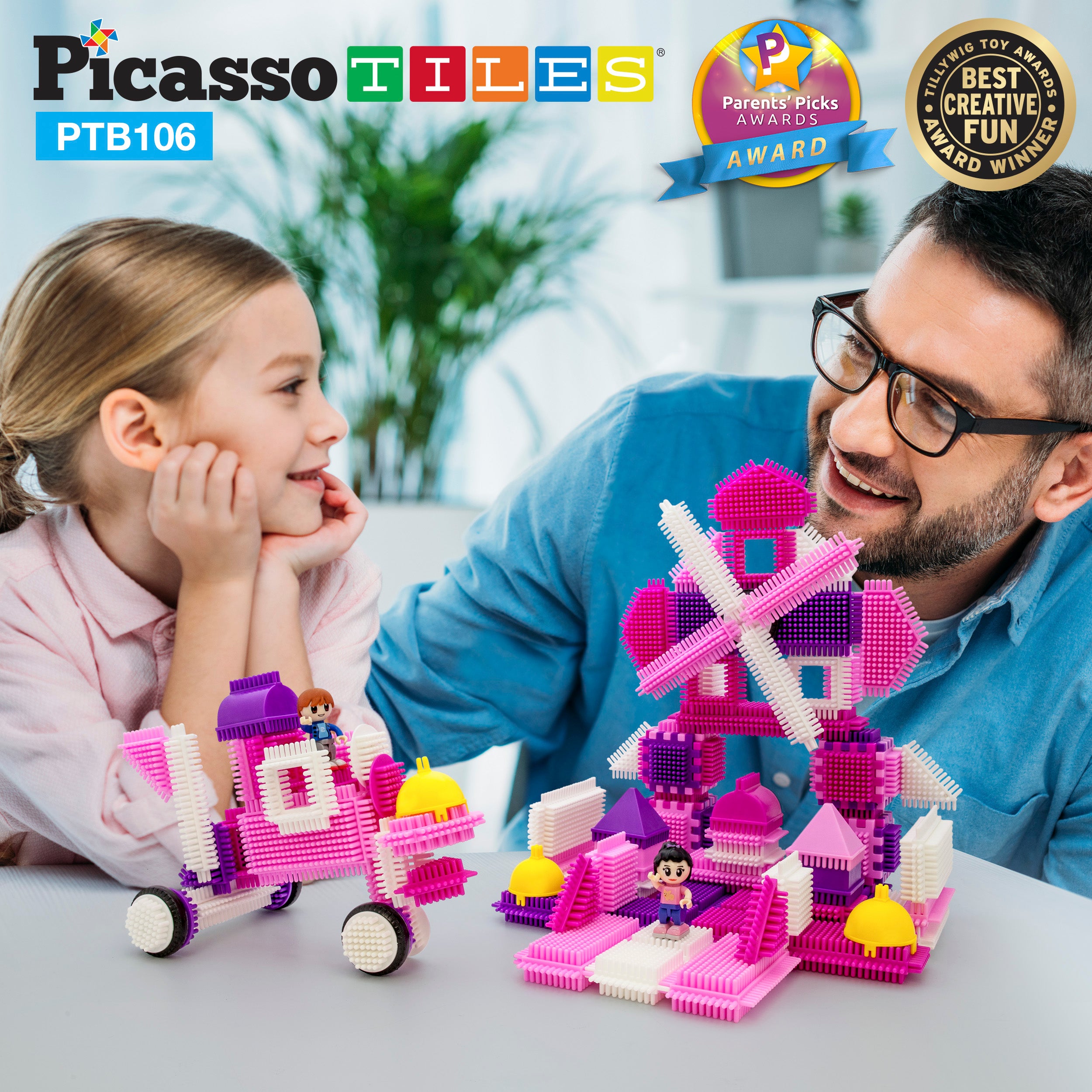 PicassoTiles 106pc Pink Castle Hedgehog Building Blocks Basic