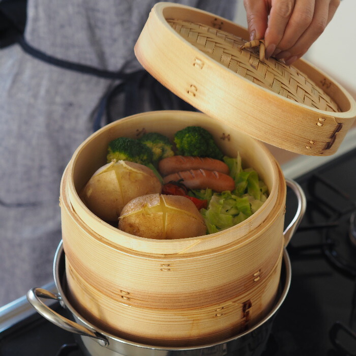 かごや 杉 中華せいろ 21cm 2段 ステンレス鍋付セット | 食器と料理