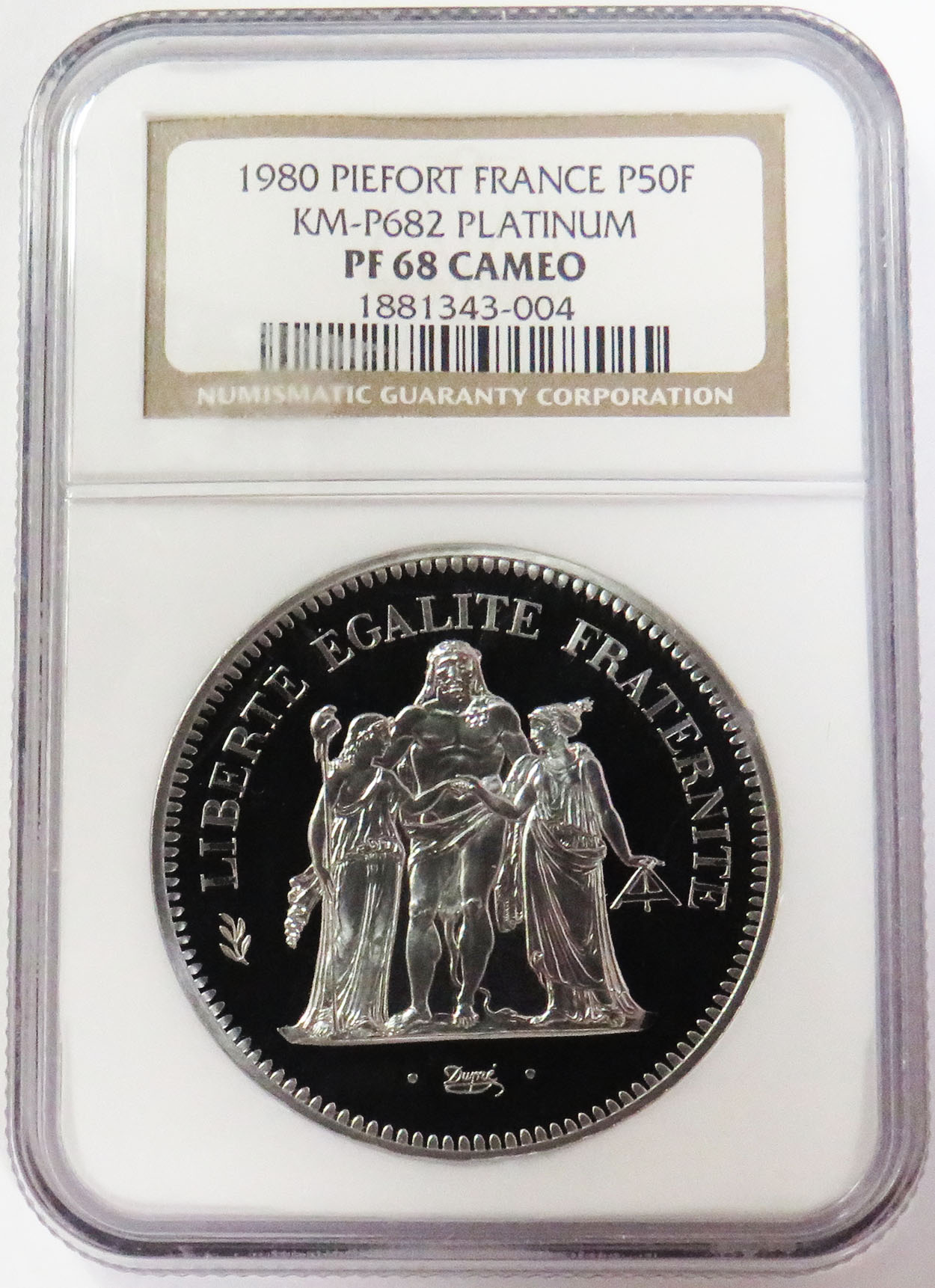 1980 PLATINUM, PIEFORT 34 MINTED, FRANCE 50 FRANCS, HERCULES, NGC