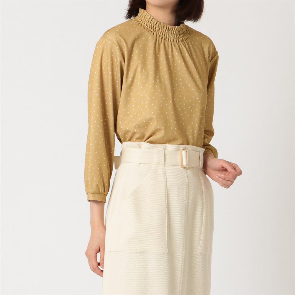 カジュアルシャツ ランダムドットシャーリングネック 七分袖 ベージュ