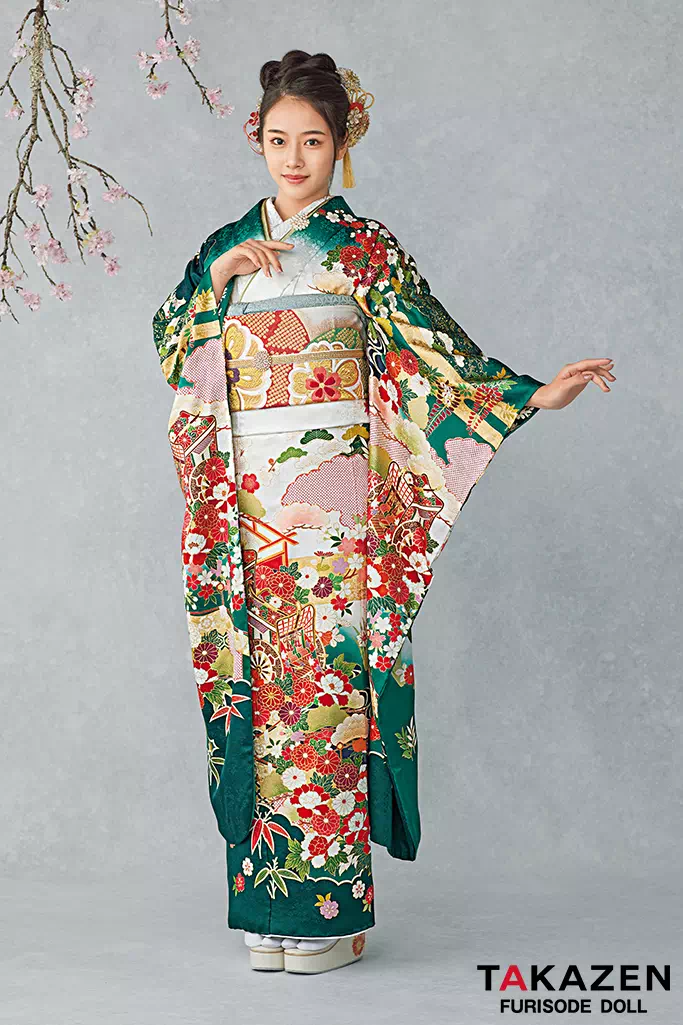 最高級古典柄振袖 吉澤織物/文楽/人間国宝吉田簑助 緑/白 御所車柄