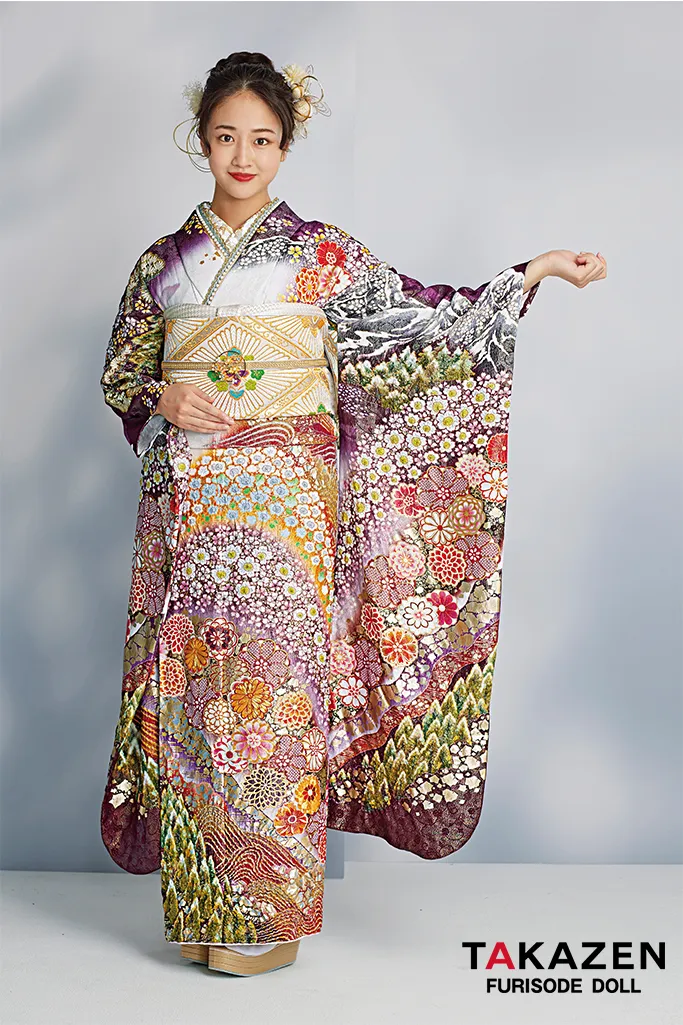 最高級古典柄振袖 関芳/最高級金彩刺繍友禅 緑/金 御所車柄/牡丹柄