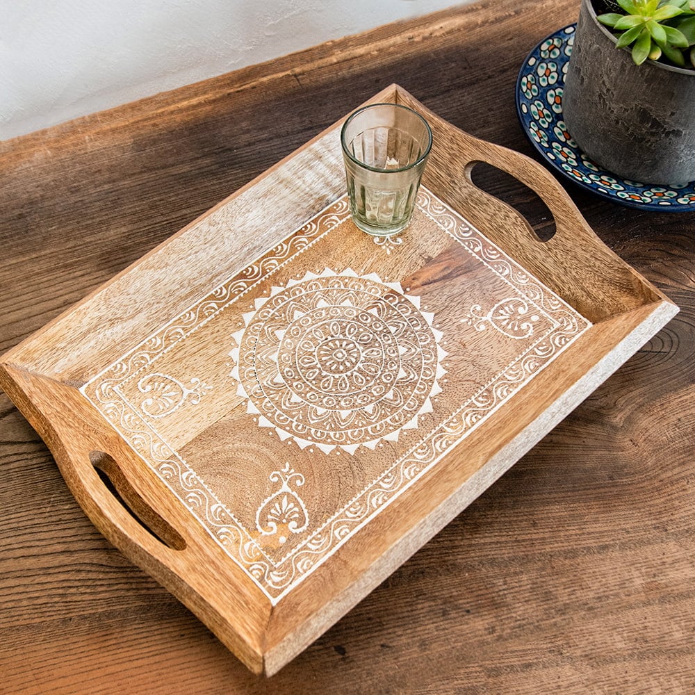 トレイ トレー お盆 キッチン 伝統の細密画 ウッドトレイ マンゴー