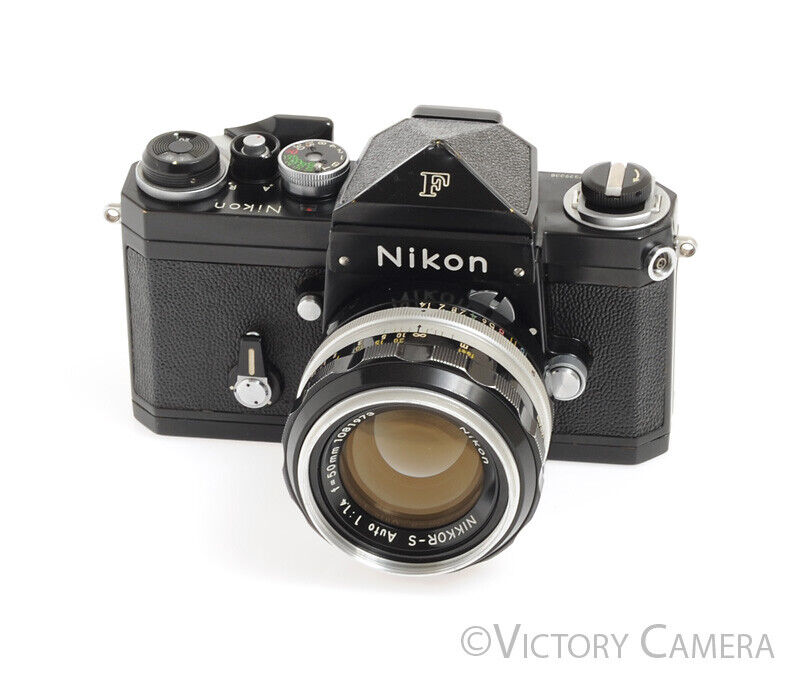 Nikon F Rare Black 35mm Camera w/ Eye Level Finder & 50mm f1.4 Lens -G